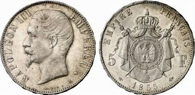 ナポレオン3世の無冠5フラン銀貨の価値と買取相場